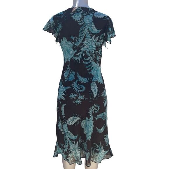 MSK Midi Dress Women's Sz 10 Brown Teal Floral Twist Front Ruffle Flutter Sleeve - Picture 11 of 16